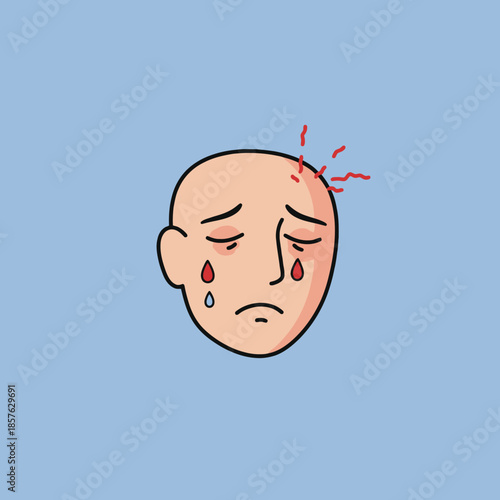 Cartoon illustration of a bald head with a sad expression, red tears, and throbbing pain on the side, set against a light blue background.