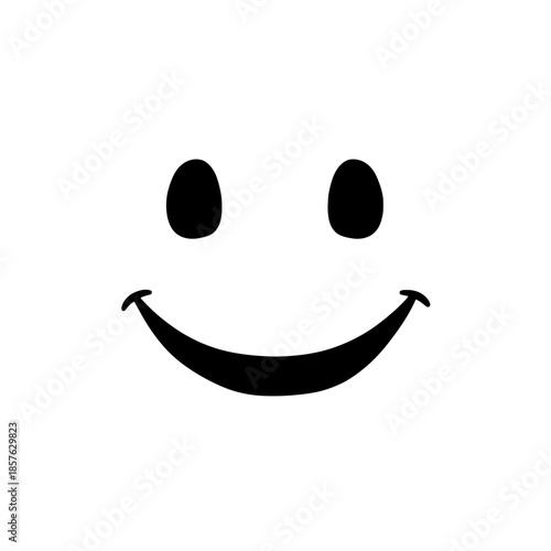 Simple black and white graphic illustration of a classic happy smiley face with two eyes and a curved mouth on a plain background.