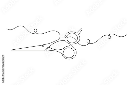One line drawing of scissors in a minimalist style with isolated vector outline on white background