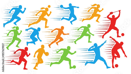 Dynamic silhouettes of athletes engaged in various sports, showcasing vibrant energy and competitive spirit