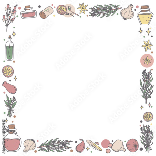 Hand-drawn border with various herbs, essential oils, and spices in a natural, organic, and holistic style.
