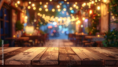 Warm wooden table foregrounds a blurred, cozy outdoor dining scene with string lights and bokeh