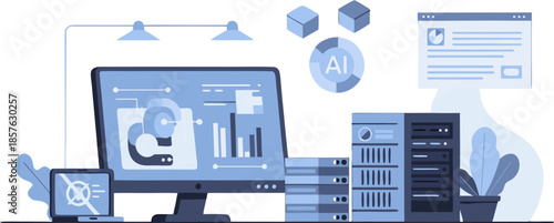 Artificial Intelligence Data Center with Digital Displays and Servers
