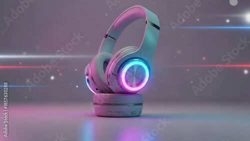 Glowing headphones on a stand viewed from the side in a studio with neon lights