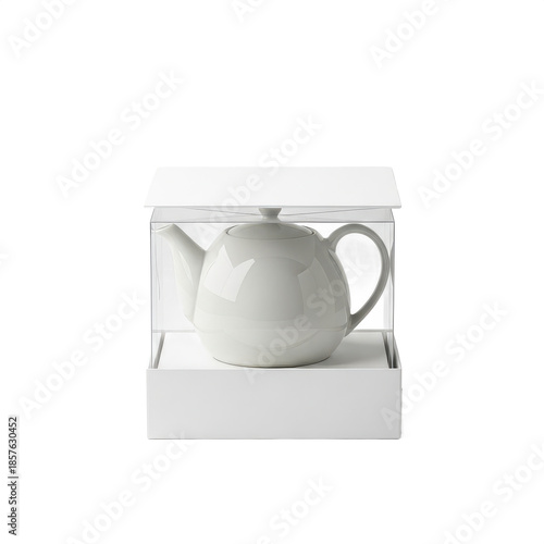 Elegant white teapot in gift box on transparent background