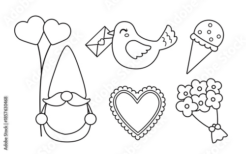 Valentine's Day elements outline and coloring pages and templates set.
Includes cute pink gnomes, hearts, lovebirds, bouquets, envelopes, heart-shaped balloons, and ice cream.
