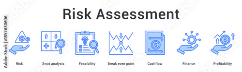Risk assessment banner web icon evaluates feasibility and break even point ensuring cashflow finance and profitability balance.