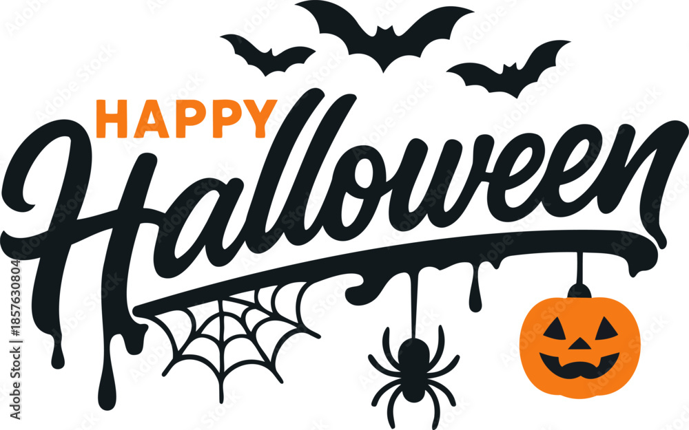 Obraz premium Happy Halloween lettering text with dripping effect, pumpkin, spider web and bats vector illustration for banner or greeting card