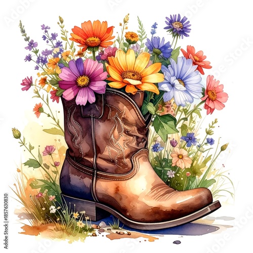 Watercolor of a cowboy boot filled with colorful flowers, sitting amongst grass and wildflowers on a white background
