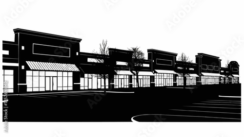 Black and White Illustration of a Strip Mall Facade.