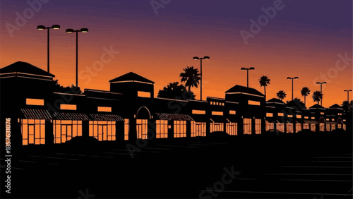 Silhouette of a shopping center at sunset with illuminated storefronts.