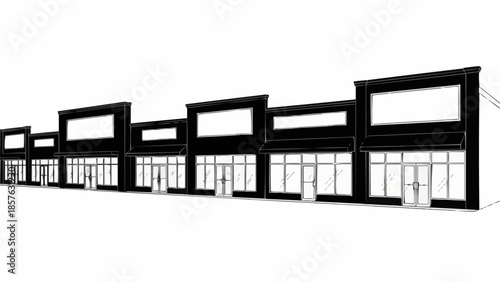 Row of Commercial Buildings with Blank Signage for Branding.