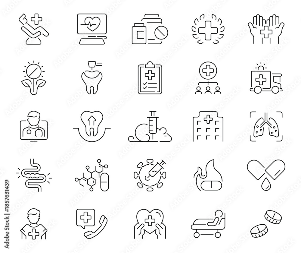 Naklejka premium Medicine icons set. editable line icons, healthcare, medical equipment, outline style