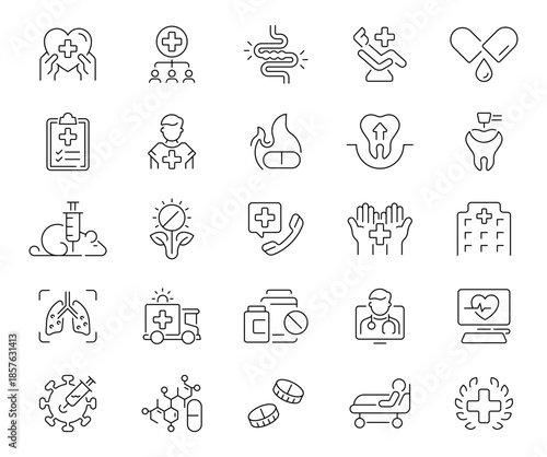 Medicine icons set. editable line icons in outline style, healthcare symbols