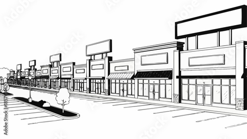 Detailed Line Art Depiction of a Commercial Shopping Center.