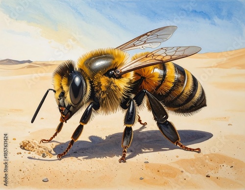 Watercolor of a detailed bee standing on arid land under a blue and yellow sky