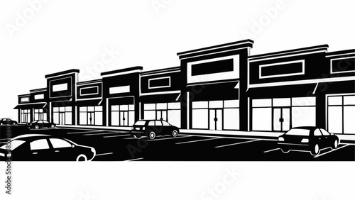 Shopping Center Facade with Cars in Parking Lot Illustration.