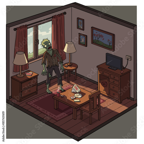An isometric cartoon illustration of a zombie standing in a furnished living room during daytime.