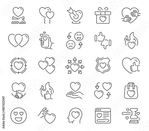 Love and social media icons set. editable line icons, outline, connection symbols