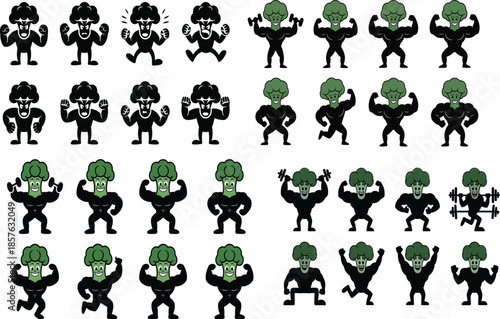Broccoli character flexing muscles and exercising cartoon