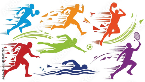 Dynamic collection of athletic silhouettes showcasing diverse sports in vibrant motion