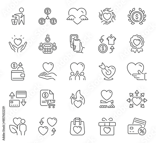 Donation and charity icons set. editable line, outline, fundraising symbols
