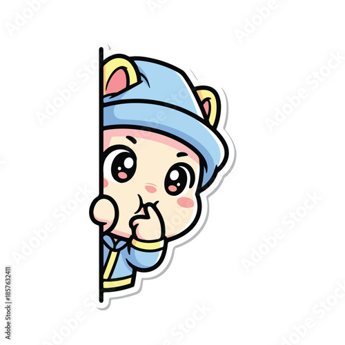 Cute Peeking Chibi Boy in Blue Animal Hat