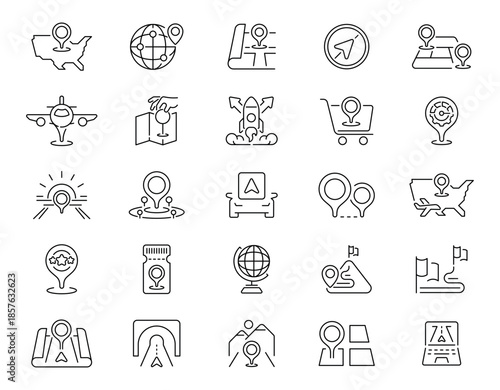Navigation icons set. linear, editable line icons, direction and gps symbols