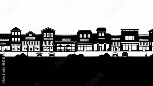 Silhouette of a Commercial Street with Buildings and Cars.