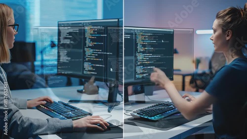 Female Programmers Working on Code at Computer Screens in a Dark Room.