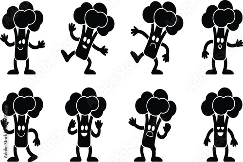 Eight Black Broccoli Characters With Different Expressions