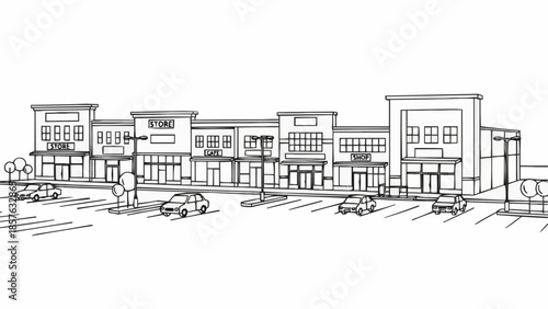 Architectural Sketch of a Commercial Strip Mall with Parking.