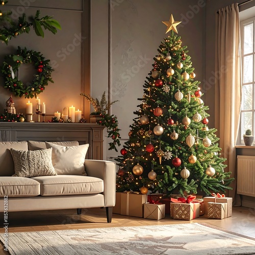 Warmly lit living room with Christmas tree, gifts, beige sofa, and fireplace with holiday decorations