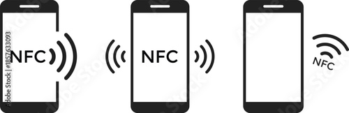 NFC Mobile Icon Set. Contactless Payment and Smartphone Symbols. Tap to Pay Interface and Digital Wallet Mobile sign. Smartphone Proximity Scanning and Smart Tag Connectivity icons