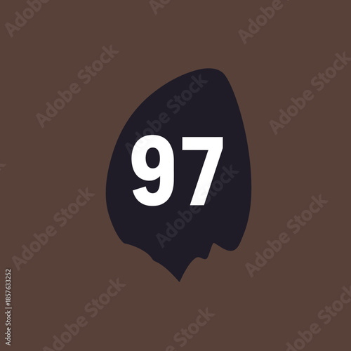 A dark, irregular, leaf-like shape with the number 97 in white text on a brown background.