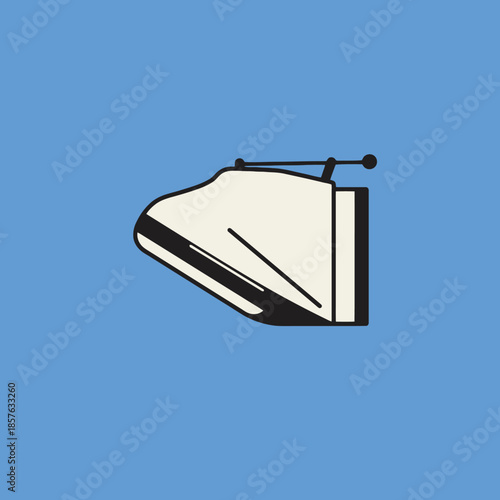 A minimalist illustration of the front car of a high-speed bullet train, depicted in cream and black against a solid blue background.