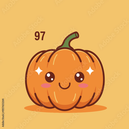 A cute cartoon pumpkin with a happy face and sparkling eyes on an orange background.
