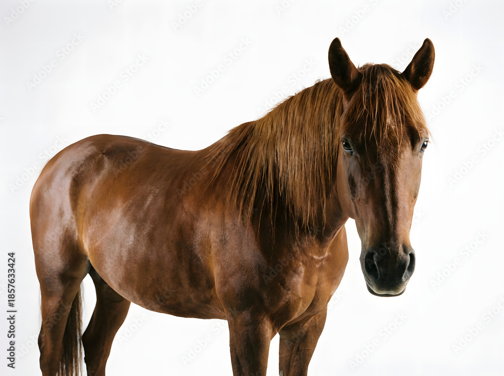 Obraz premium A majestic brown horse stands calmly against a clean white background, its rich coat and flowing mane exuding elegance and natural beauty