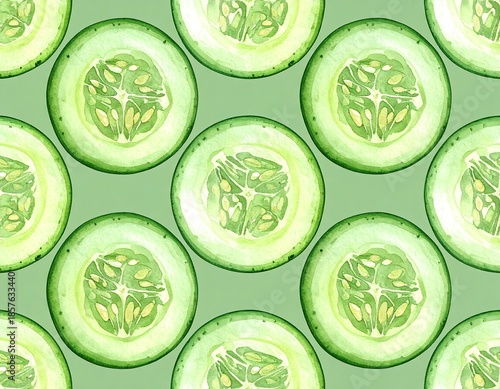 Watercolor of many cucumber slices in a repeating pattern on a solid background