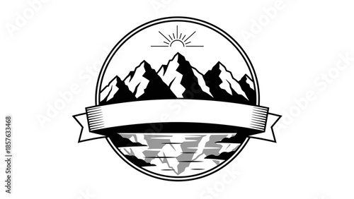 Circular Mountain Landscape Badge with Sun and Banner Design Element
