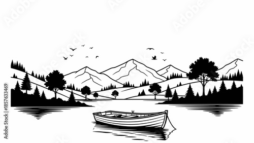 Peaceful Lake with Small Boat, Mountains, and Forest Landscape Scene