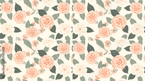 Vector template featuring a Camellia flower motif pattern in a flat design style, with stylized petals and leaves, bold lines, and a minimalist aesthetic