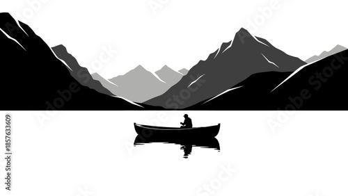 Silhouette of a person rowing a small boat on a calm lake with majestic mountains in the background, tranquil scene.