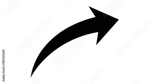 Black upward curving arrow pointing right, indicating direction or growth, isolated white background.
