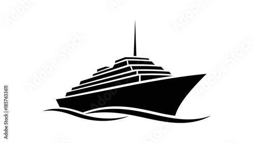Black silhouette of a luxury cruise ship or yacht sailing on water, isolated white background.
