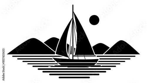 Sailboat Sailing on Water with Mountains and Sun, Serene Nautical Landscape, isolated white background