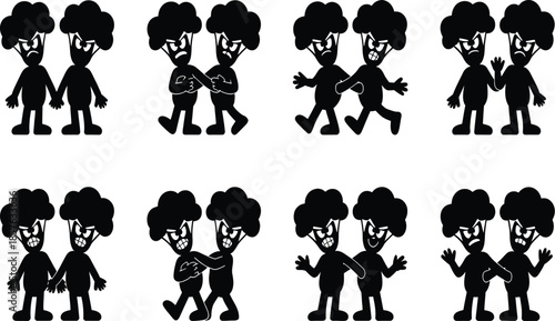 Two angry broccoli characters in various poses cartoon