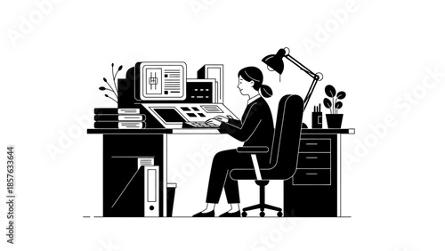 Focused Woman Working at Desk with Multiple Monitors in Office Setting, bright studio