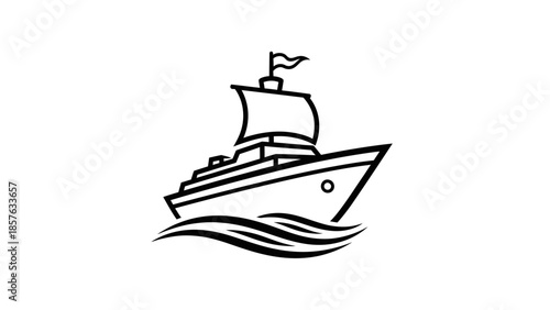 Minimalist Ship Sailing on Waves, Nautical Transport Boat Icon, isolated white background