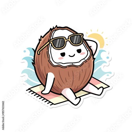 The Chilling Coconut: Tropical Beach Vibe Sticker